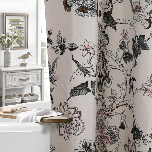Vintage Floral Linen Shower Curtain - Neutrall Traditional Floral Branches Print Patternl in Sage and Brown ,Botanical Boho Shower Curtain Set for Rustic Farmhouse Country Bathroom Decor 72x72 Inch - color: Indian Flower Branches