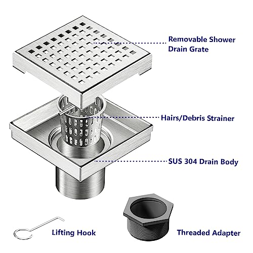 Neodrain Square Shower Drain with Removable Quadrato Pattern Grate, Brushed 304 Stainless Steel Square Drain for Bathroom, with Hair Strainer and Lifting Hook,CUPC Certified (Brushed Nickel, 4 in) - color: Stainless, size: 4 IN
