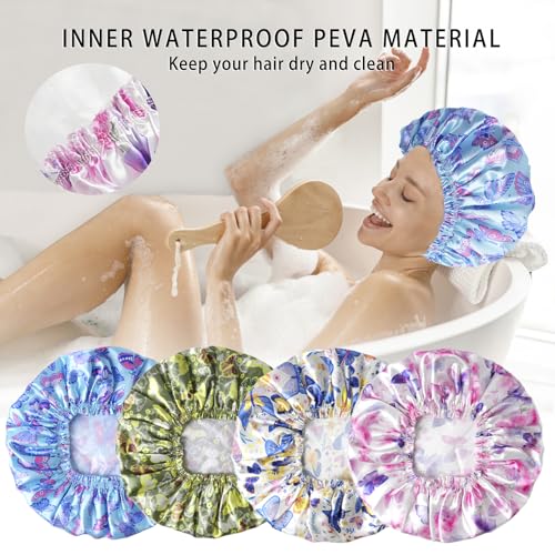 4 PCS Shower Cap for Women, Elastic and Reusable Bath Caps, Double Layers Shower Caps Reusable Waterproof, Bathing Shower Caps, Environmental Bath Hair Protection Cap - Butterfly C - color: Butterfly C
