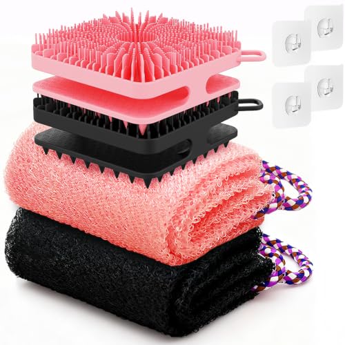 Manmihealth Dual-Sided Silicone Body Scrubber Scalp Massager & African Bath Sponge Net Set, 2-in-1 Silicone Shower Shampoo Brush Africa Wash Net Combination, Lather Well,Strong Exfoliating(Black+Pink) - color: Shower Brush+net Sponge Set (Black+pink)