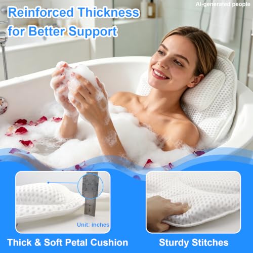 Extra Thick Petal-Shaped Bath Pillow for Head, Neck and Backrest, Extra Thick, Polyester, White, Anti-Slip Suction Cups, Washable, Luxury Spa Bathroom Accessories (Standard Store Size) - size: Standard store size