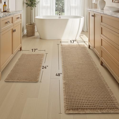 Upgraded Waffle Bath Mat Set of 2, Super Absorbent Non Slip Bath Mats for Bathroom Floor, Machine Washable Boho Bathroom Rugs Set 2 Piece with Tassels, Soft Bathroom Mat Set, 17" x 24" Plus 17" x 48" - color: Brown, size: 17" x 24" +17" x 48"