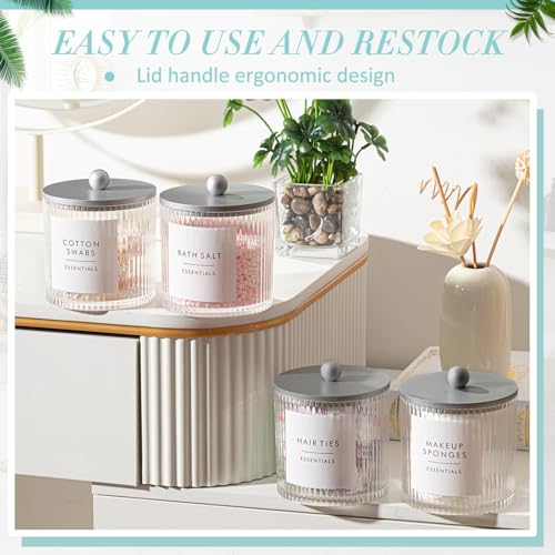 Yaomiao 6 Pcs Ribbed Bathroom Canisters Apothecary Jars with Silver Bamboo Lids and Label Stickers, 18 oz Plastic Canister with Fluted Design for Cotton Ball, Swab, Floss Picks House Storage - color: Silver