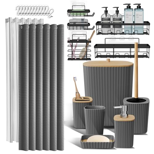 Clara Clark Bathroom Accessories Set - Bathroom Set with Adhesive Corner Shower Caddy Hanging, 25PC Bathroom Accessory Set, Grey Shower Curtain Set, Toilet Brush, Trash Can & Soap Dispenser - color: Grey, size: Complete Set + Shower Caddy