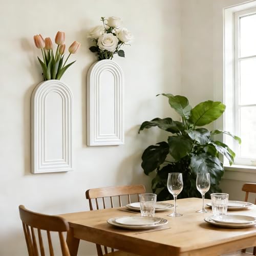 2 Pack Wooden Wall Vase Set, Boho Hanging Planter for Indoor Plants & Flowers, Wood Wall-Mounted Planters for Living Room, Modern Farmhouse Entryway or Bathroom, Rustic Art for Home (White) - color: White