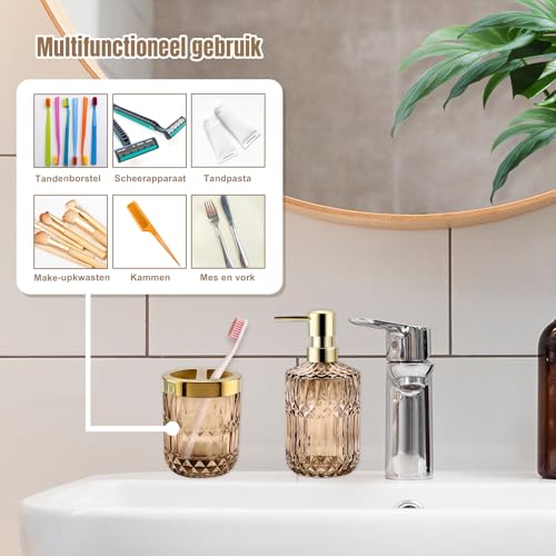 2Pcs Brown Bathroom Accessories Set, Glass Bathroom Accessories, Vintage Bathroom Countertop Decoration Includes Soap Dispenser, Toothbrush Holder - color: Brown, size: 2 Pcs