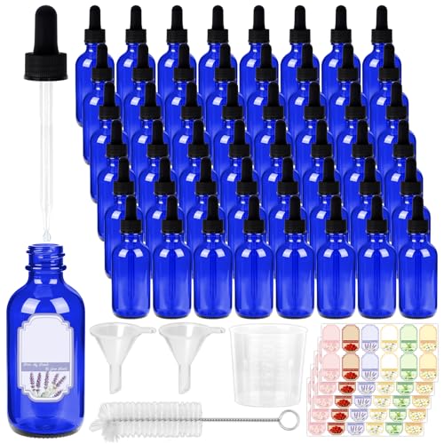 STARSIDE 48-Pack 1oz Blue Glass Leakproof Dropper Bottles | 30ml UV-blocking Dropper Bottles for Essential Oils & Crafts, Includes Funnel, Brush, Labels, Extra Droppers & Measuring Cup - color: 1oz-blue-48pcs