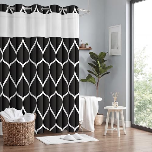 Yiatn No Hook Black Shower Curtain with Snap in Fabric Liner Set - Hotel Style with See Through Mesh Top Window - 71x74 INCH - color: A. Black, size: 71"W x 74"L (Pack of 1)
