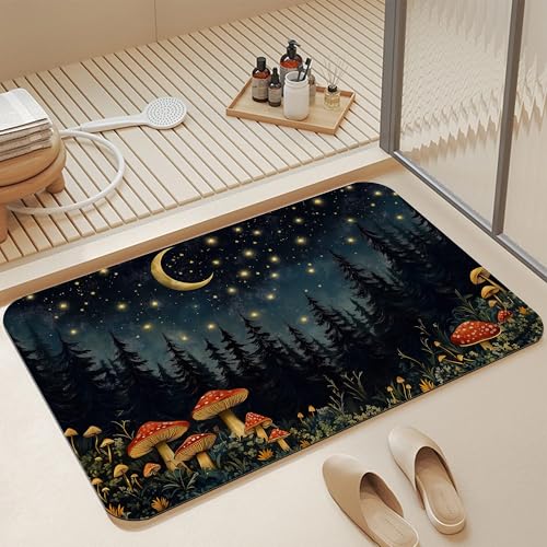 Diatomaceous Bathroom Rugs,Forest Red Mushroom Bathroom Decor,Starry Moon Night Non Slip Bath Mat,Quick Dry Easy to Clean Care Shower Rug for Home Dorm Low Profile Floor Mat 17 X 29.5 Inch - color: Forest Red Mushroom