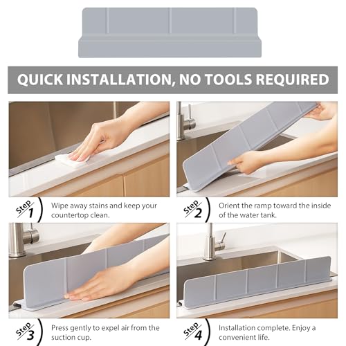 18Inch Sink Splash Guard – Extended Length & Tall Silicone Kitchen Sink Splash Guard with Overhang Drainage Design & Strong Suction Cups for Countertop (Grey, 18''x3.5'') - color: Gray, size: 18''x3.5''