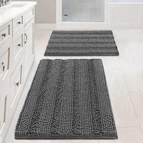 H.VERSAILTEX Grey Bathroom Rug Set Bath Mats, 2 Piece Bath Rugs Non Slip Thick Soft Chenille Striped Bath Rug Set, Bath Mats for Bathroom Sets (Grey, 20" x 32"/17" x 24") - color: Grey, size: 20" x 32" Plus 17" x 24"