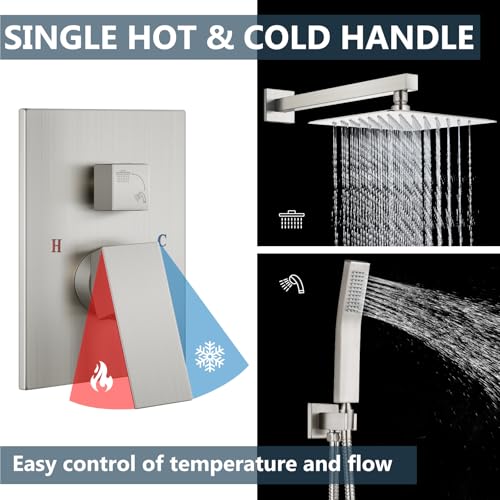 Aolemi Shower Faucet Set Rain Shower System with Handheld Spray Bathroom Shower Combo Rough-in Valve and Shower Trim Kit Included Brushed Nickel 8 Inch Wall Mount Shower Head - color: Brushed Nickel, size: 8 Inch Wall Mount Shower Head