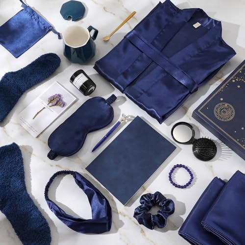 Twistover 16 Pcs Birthday Gifts for Women: Luxury Robe & Blanket Spa Gift Basket for Women -scented Candle, Mug, Notebook, Pillowcase & Spa Accessories(Navy Blue) - color: Navy Blue