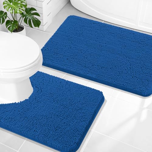 OLANLY Bathroom Rugs Sets 2 Piece, Soft Absorbent Chenille Bath Mats and U-Shaped Contour Toilet Rug Set, Machine Washable Bath Carpet, Home Decor Accessories(30"x20"+24"x20", Deep Navy Blue) - color: Deep Navy Blue, size: 30" X 20" + U24" X 20"