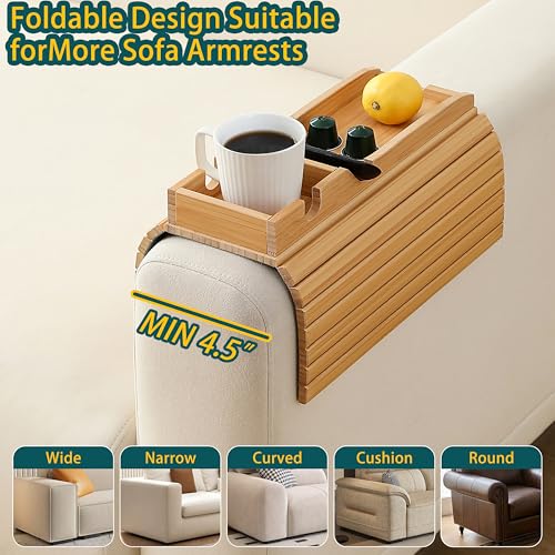 Bamboo Couch Cup Holder Arm Tray Table，Foldable Couch Drink Holder Armrest Table，Sofa Arm Rest Tray，Flexible Arm Chair Table Tray Recliners for Drink,Cups, Snacks, Phone, Remote (Bamboo) - color: Bamboo