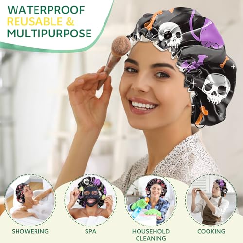 2 PCS Shower Cap Waterproof Double Layer Elastic Adjustable Reusable Hair Bath Caps for Girls Women Cute Aesthetic-Purple Red - color: G20-Purple Red