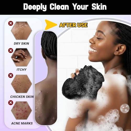 African Net Sponge Authentic 3 Pieces Gentle Exfoliating Body Scrubber Bath Sponges for All Skin Types, African Exfoliating Net Sponge with Handles Washcloth Loofah Bathing Accessories for Shower - style: Black, White, Blue