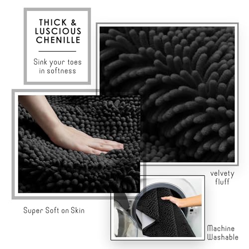 Hearth & Harbor Bathroom Rugs, Chenille Bath Mat - Machine Washable Bath Mats for Bathroom Non-Slip Backing Rubber, Quick Dry Bathroom Mat - color: Black, style: 20 x 32