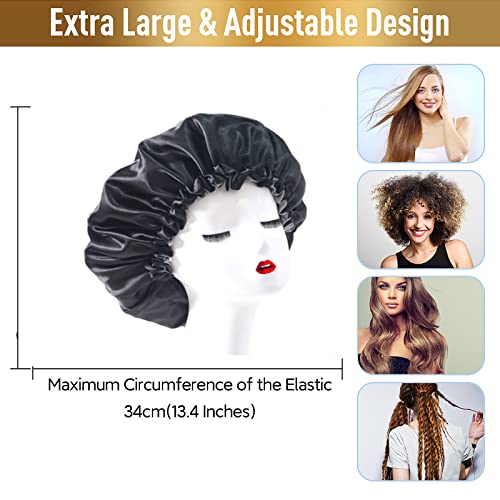 Shower Caps for Women, Extra Large Adjustable Waterproof Reusable Shower Cap, Hair Cap for Shower Hat for Women Girls Long Thick Hair, Bath Caps for Hair Protection - color: Black, size: X-Large