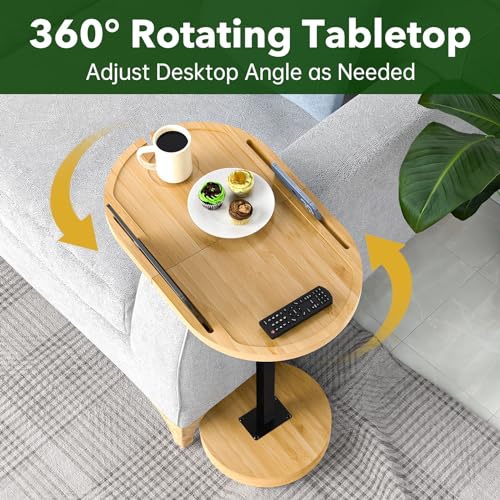 NiHome Bamboo Large Swivel TV Tray Table with Thickened Stable Non-Tipping Base, Adjustable Height Couch Table Tray, End Table, Bathtub Side Tray Table 360° Rotating for Hot Tub Bedside Sofa Balcony - size: Large