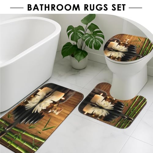 ArtSocket Stones Spa Bamboo Bathroom Set with Shower Curtain and Rug Accessories, Oil Wood Massage Candle Modern Water Bamboo Green Tropical Shower Curtain for Bathroom Decor 4 Pcs - color: Stones Spa Bamboo