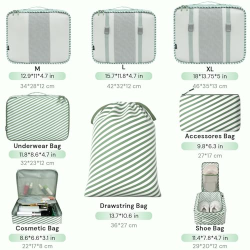 BAGAIL 8 Set Packing Cubes Luggage Packing Organizers for Travel Accessories-White and Matcha Stripe - color: White and Matcha Stripe, size: 8 Set
