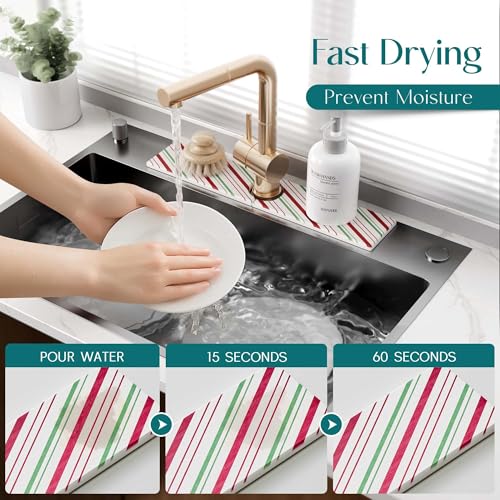 Stone Faucet Mat for Kitchen Sink, Diatomite Drying Stone Mat for Kitchen Counter, Prevent Moisture – Sink Splash Guard for Holiday Gift Home Decor (Red/Green, 20''x3.9'') - color: Red/Green, size: 20" x 20"