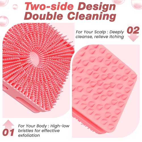 Manmihealth Dual-Sided Silicone Body Scrubber Scalp Massager & African Bath Sponge Net Set, 2-in-1 Silicone Shower Shampoo Brush Africa Wash Net Combination, Lather Well,Strong Exfoliating(Black+Pink) - color: Shower Brush+net Sponge Set (Black+pink)