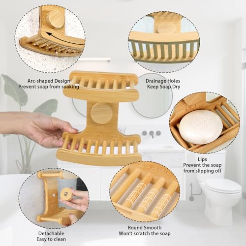 Suction Cup Soap Dish for Shower，Bamboo Soap Dish Holder for Shower, Suction Cup NO-Drilling, Self Draining for Bathroom，Natural Bamboo Color (Double soap Holder, Rectangular)