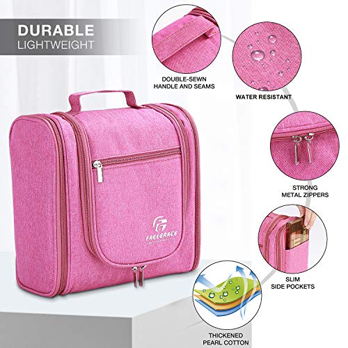 Freegrace Extra Large Hanging Toiletry Bag for Men and Women - Water-Resistant Nylon Travel Bathroom Organizer for Cosmetics, Makeup, and Toiletries - color: Cerise Pink