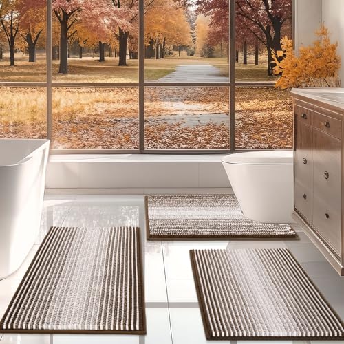 BSICPRO Bathroom Rugs Sets 3 Piece, Toilet Rugs U-Shaped Contour Bath Mat Set, Striped Absorbent Non Slip Chenille Shower Mat, Brown - color: Brown, size: 20"x32"+16"x24"+U Shape 20"x24"
