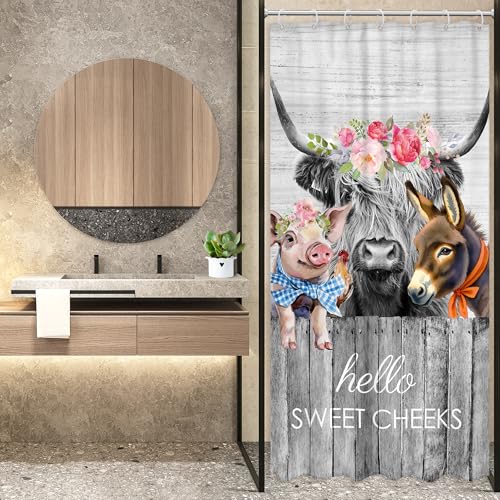 Newsely Small Stall Rv Farmhouse Highland Cow Shower Curtain 36Wx72H Inch Narrow Single Funny Rustic Western Animal Shower Curtain Bathroom Set Wooden Waterproof Bath Decoration Accessories Home Decor - color: A-02cow, size: 36"W x 72"L (Pack of 1)