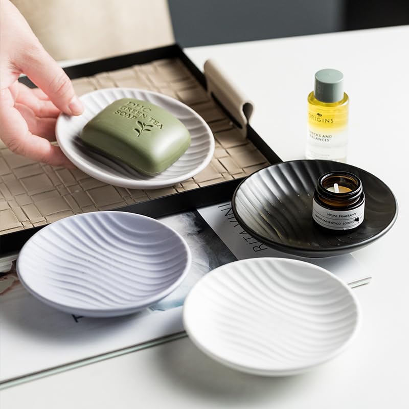 Chic Round Soap Dish, Modern Minimalist Striped Design Ceramic Tray(White) - color: White