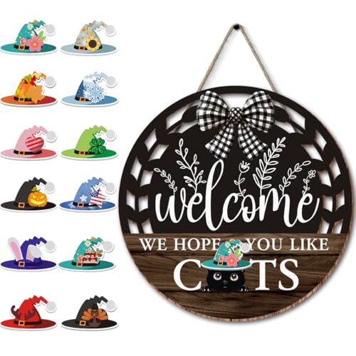Interchangeable Seasonal Welcome Hanging Sign - Farmhouse Front Door Decoration for Holidays - Rustic Round Wood Wreaths with 12 Icons – Welcome Cat Lover(Brown) - color: catsbrown