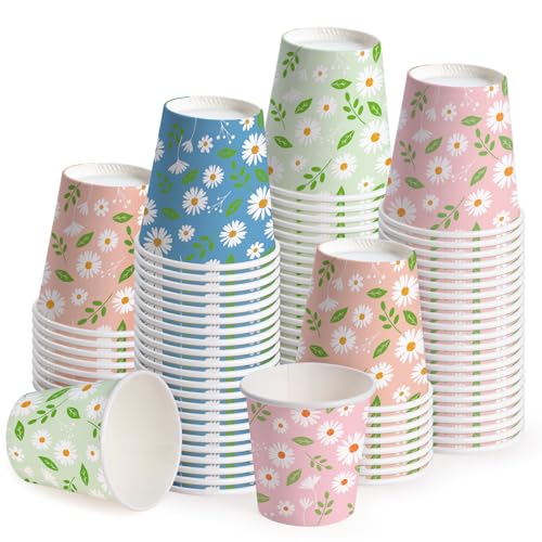 WRAPAHOLIC 3oz Paper Cups - 100 Pack Disposable Bathroom Cups with Daisy Floral and Leaf Design, Small Mouthwash Cup for Toothbrush Rinse, Home Bathroom, Picnic, BBQ, Travel and Tea Party - color: Colorful Daisy