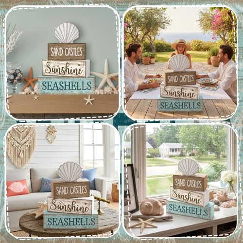 Yuntau 4 Pcs Summer Decorations for Home Beach Shells Wooden Tabletop Decor Summer Tiered Tray Decor Rustic Sand Castles Sunshine Seashells Block Sign Centerpiece Farmhouse Table for Shelf Office - style: Shells