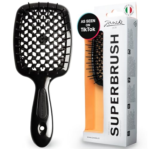 Janeke Superbrush Detangling Brush for Soft Smoothing Hair Brushing with Anti-Static Bristles - Vented Wet Hair Brush for Blow Drying Use - Perfect for Curly, Thick, Wavy, Fine Hair Types (Black) - color: Black Superbrush