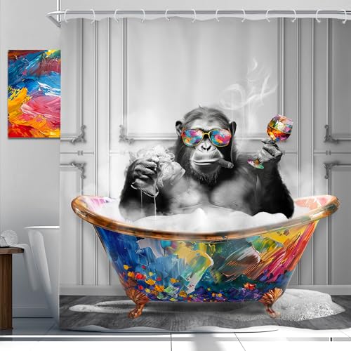 Newsely Funny Monkey Shower Curtain 72Wx72H Inch Black White Animal in Bathtub Chimpanzee Boys Men Shower Curtain Bathroom Set Modern Graffiti Cool Waterproof Bath Decoration Accessories Home Decor - color: B-monkey, size: 72"W x 72"L (Pack of 1)