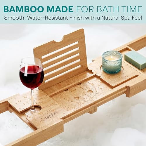 SereneLife 2 in 1 Bed and Bath Tray - Foldable Bamboo Bathtub Caddy with Adjustable Length, Non-Slip, Device Holder, Wine Glass Slot, Expandable for Comfortable Bathing, Natural, Folding Set - color: Natural, Folding