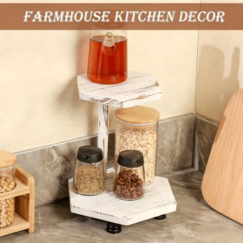 Tikea Hexagonal Wood Riser for Display, 2-Tier Wood Farmhouse Riser for Kitchen Bathroom Counter Decor, Decorative Tray for Soap Dispenser, Decorations and Plant (White)