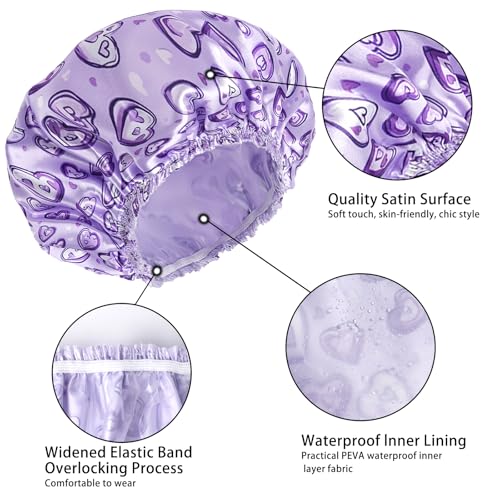 4 PCS Shower Cap for Women, Elastic and Reusable Bath Caps, Double Layers Shower Caps Reusable Waterproof, Bathing Shower Caps, Environmental Bath Hair Protection Cap - Heart - color: Heart