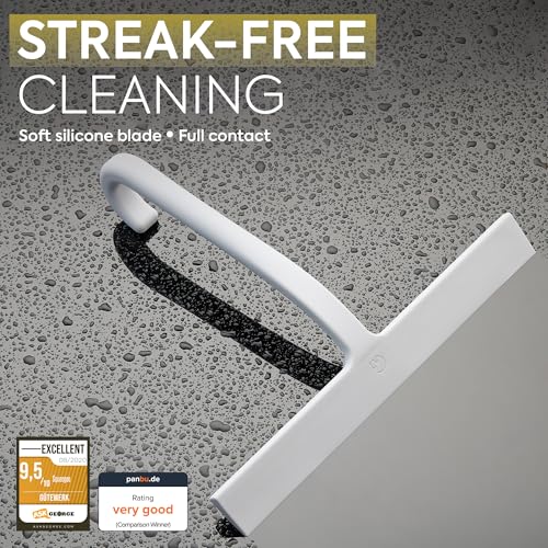 GÜTEWERK Shower Squeegee for Glass Doors – Bathroom Squeegee for Shower Glass & Tile Walls, Streak-Free & No-Squeak Silicone Blade, Stainless Steel Core, Hang Hook + Suction Cup, White, 10 Inch - color: White