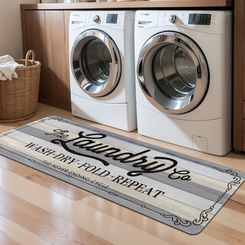 Pauwer Laundry Room Rug Runner 20"x60" Waterproof Rubber Laundry Mat Non Slip Kitchen Mats for Floor Washable Floor Mat Runner Rug for Farmhouse Mudroom Washroom Bathroom Decor - color: Grey/Beige, size: 1'8" x 5'