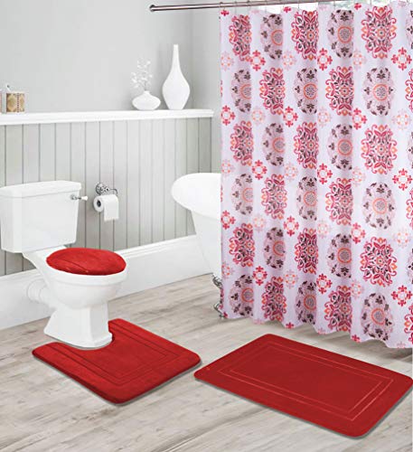 Kids Zone Home Linen Bathroom Collection Red 16pc Bathroom Accessory Set - Non-Slip Bath Mat, Non-Slip Contour Mat, Toilet Lid Cover and Waterproof Shower Curtain with Rustproof Metal Roller Hooks - color: Red