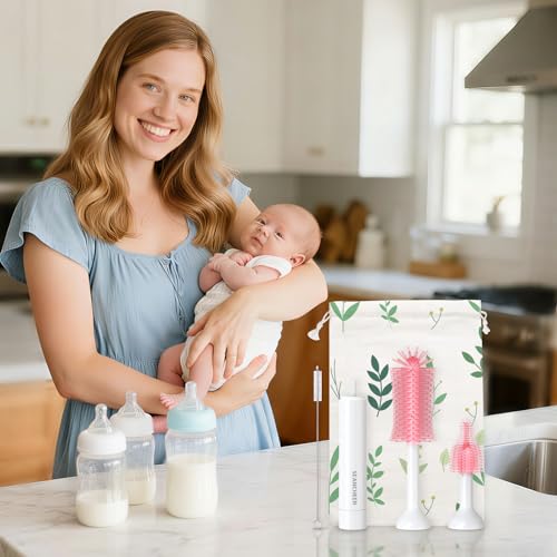 SEANCHEER S02 Electric Bottle Brush Set, Portable Baby Bottle Brush Cleaner, AA Battery-Powered & IPX7 Waterproof, with Silicone Bottle/Nipple/Straw Brush, for Home & Travel (Pink) - color: White-pink