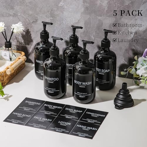 (5Pack) Black Shower Bottles Refillable with Labels, 16.9oz Reusable Shampoo and Conditioner Bottles,Shampoo Dispenser Bottles - color: Black