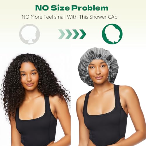 2 PCS Shower Cap Waterproof Double Layer Elastic Adjustable Reusable Hair Bath Caps for Girls Women Cute Aesthetic-Black Grey - color: G17-Black Grey