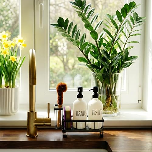 Kitchen Soap Dispenser Set with Sponge Holder & Brush Holder - 16oz Glass Hand and Dish Soap Dispenser, Instant Dry Diatomaceous Earth Stone Tray, Non-Slip Silicone Pad, Sink Organizer(White)