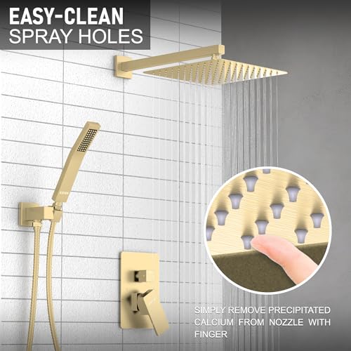 KOJOX Shower System Bathroom Luxury 10 Inch Rain Shower Head with Handheld Mixer Shower Combo Set Wall Mounted Shower Faucet Trim with Valve Brush Gold - color: Brushed Gold, size: 10''