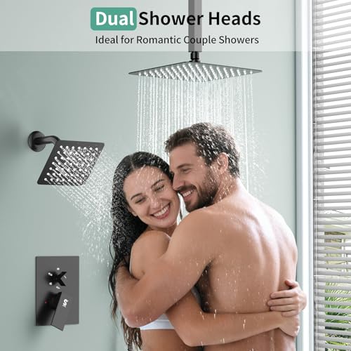 Shower Faucet Set Shower System - SR SUN RISE Matte Black Shower Trim Kit with Dual Shower Head, 10'' Ceiling Rainfall 6'' Wall Mount with Handheld Shower for Couples, Complete 6 Diverter Valve - color: Black, size: 10 Inch